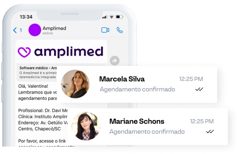 Celular com mensagem automática de confirmação de consulta por WhatsApp da Amplimed.